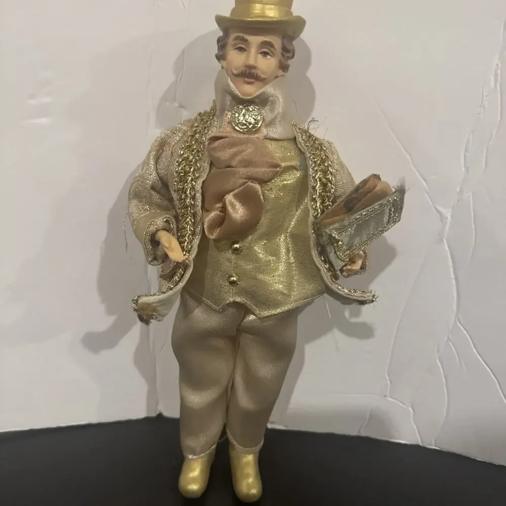 Vintage Christmas Caroler Man Doll Gold Outfit Song Book Holiday Decoration